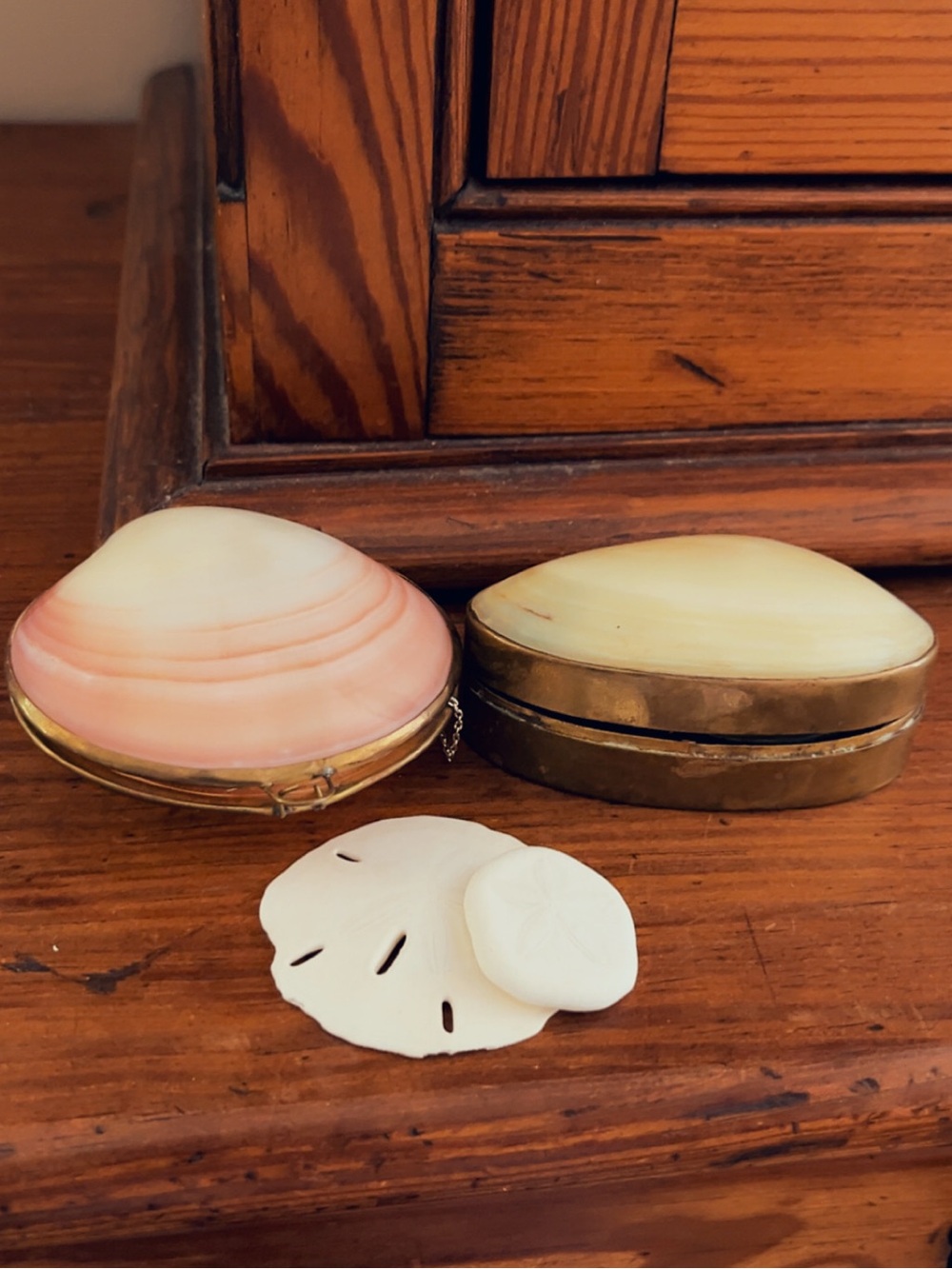 2 Shell-Top Decorative Trinket Boxes - Pink and Cream